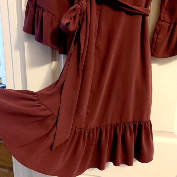 Drew Mai Drape Sleeve & Ruffle Mini Dress Small Women Burgundy Wine Tie Wrap - Picture 10 of 16